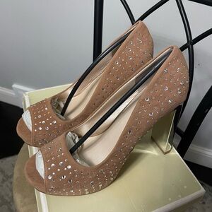 Elegant Suede Peep-Toe Mirror Heels with Matching Mirror Rhinestones